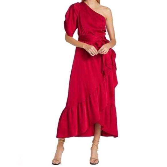 AMUR Dresses & Skirts - AMUR Red Topanga One-Shoulder Faux Wrap Sexy Cocktail Evening Holiday Dress Sz 2